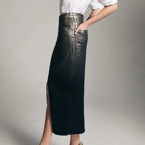 NWT Hudson Denim Midi Skirt Jean Reconstructed Metallic Silver Blue Cotton Sz 30 - Picture 2 of 12